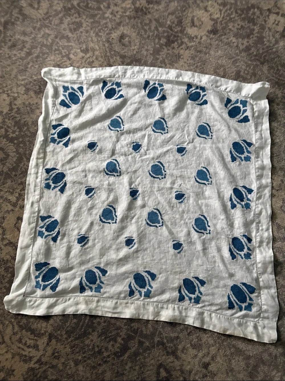 White Cotton Center Table overlay with Blue Floral Motif 30”x31”